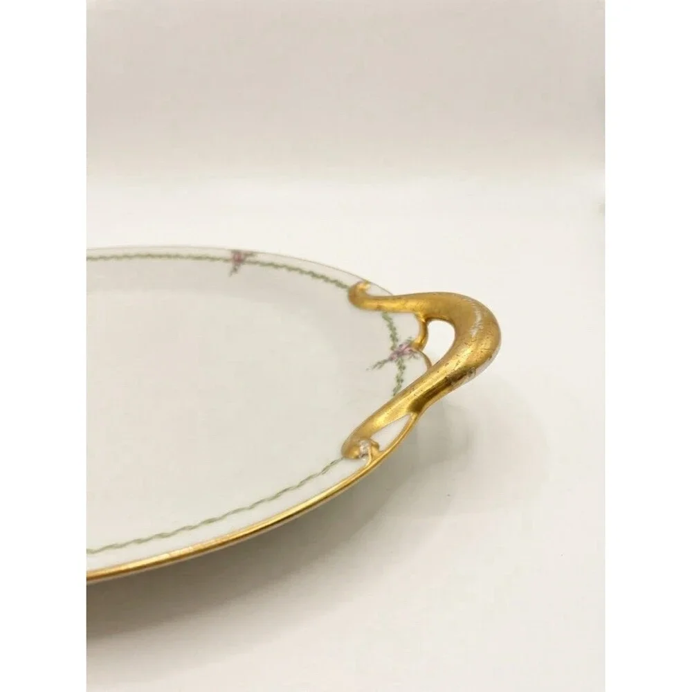 Antique GDA Limoges French Porcelain Large Oval Serving Platter Gold Handles